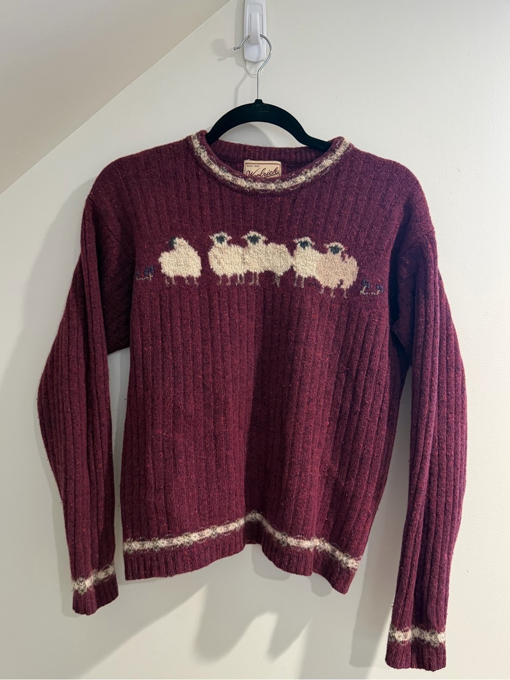 Woolrich Women’s Burgundy Crewneck Sweater with Cream Sheep Motif